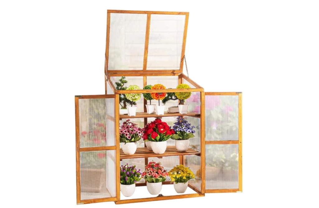 🌸 4. IDZO Fir Wood Cold Frame Greenhouse Cabinet – Foldable Top, 2-Tier