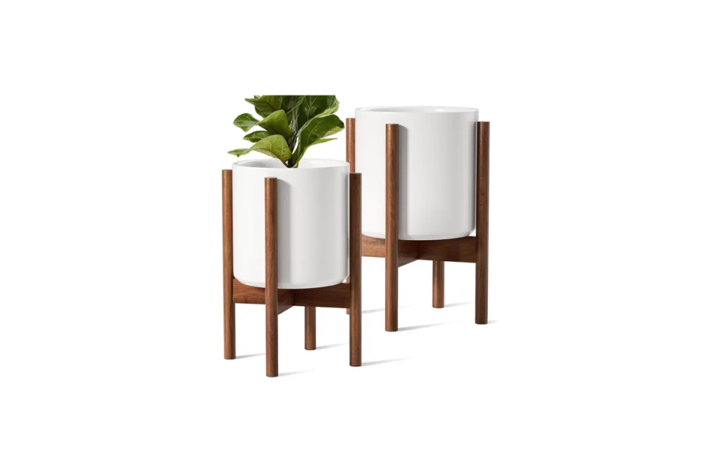 LE TAUCI Indoor Planter Set with Acacia Wood Stand – 10″ + 8″, White Ceramic
