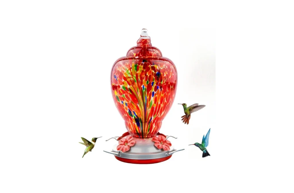 5. WOSIBO Hand Blown Glass Hummingbird Feeder – 32 OZ (RED-Firework)