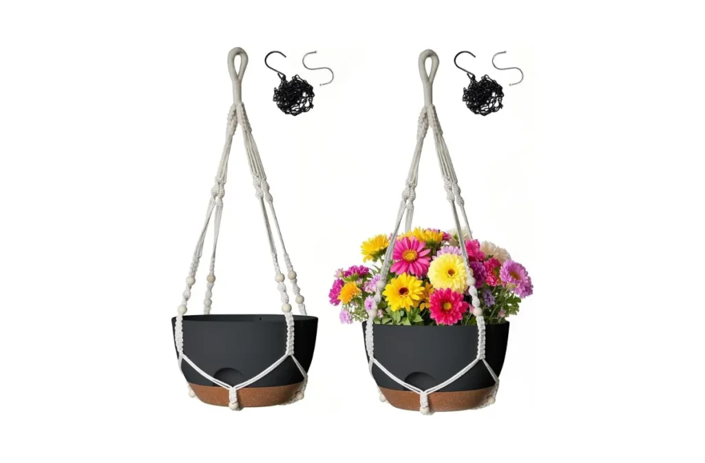 5. 12 Inch Hanging Baskets with Macrame + Iron Hangers (Black)